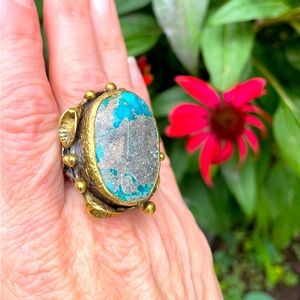 Artisan Bora Turquoise 925 Sterling Silver and Gold Statement Ring Size 7